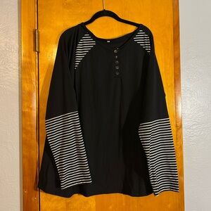 Black Long-Sleeve Henley Top with Striped Sleeve Accents